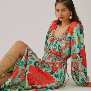 Anthropologie Green and Red Floral Long Sleeve Dress